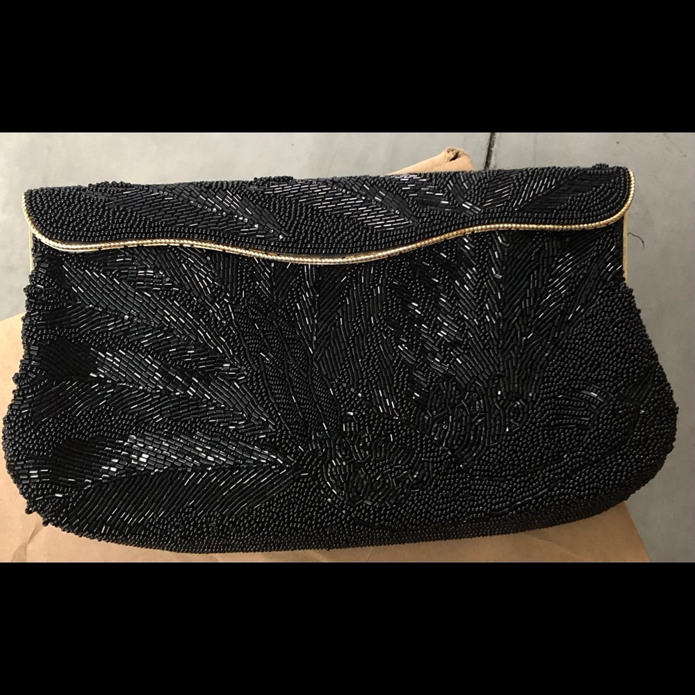Woman’s Vintage Evening Clutch,black evening bag,black bead design & gold trim.